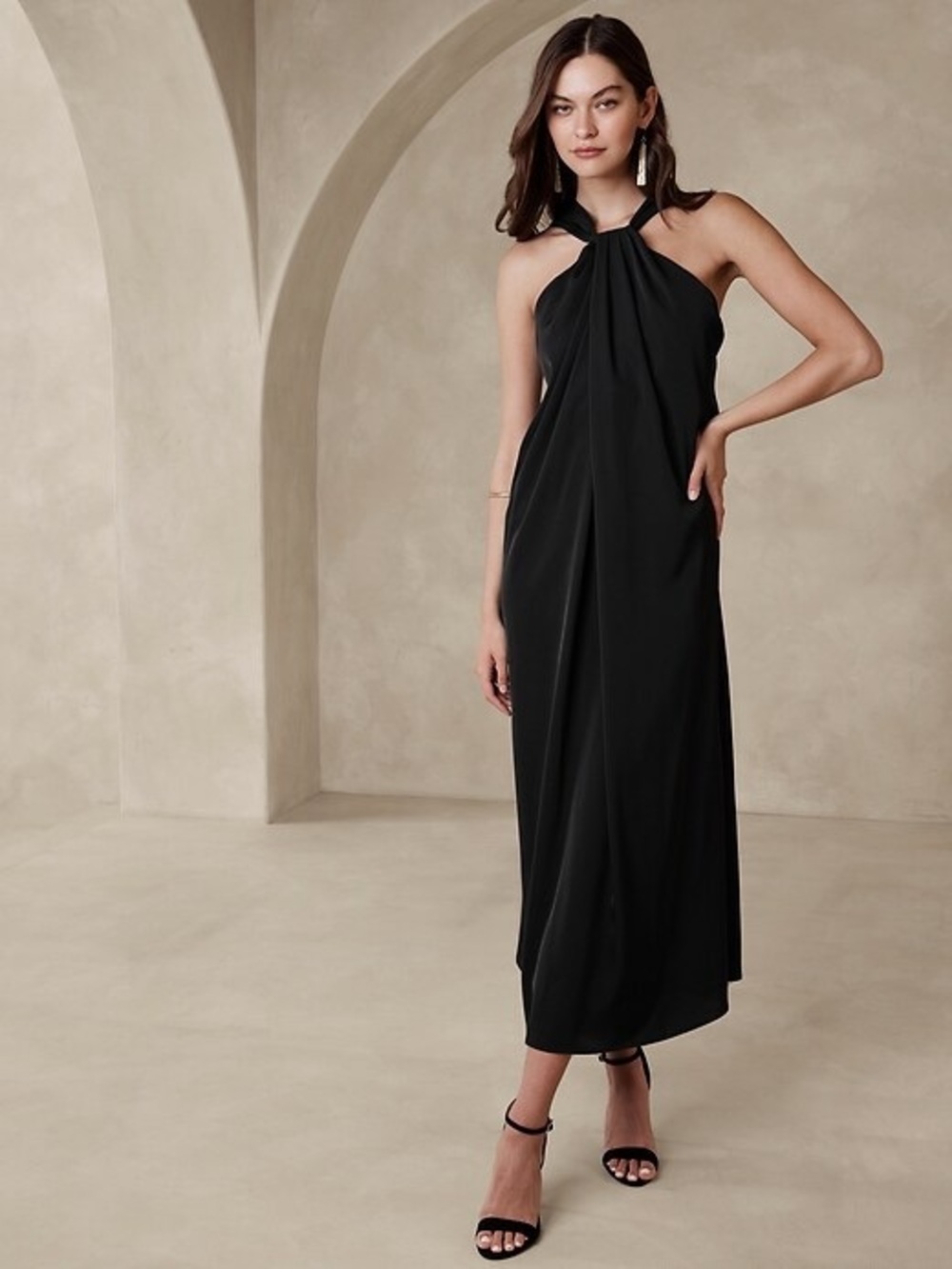 BANANA SATIN TWIST-NECK MAXI DRESS